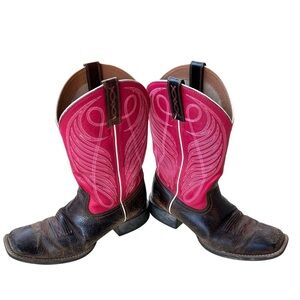 Ariat Pink and Brown Western Boots Round Up Wide Square Toe Women Size 8.5 B